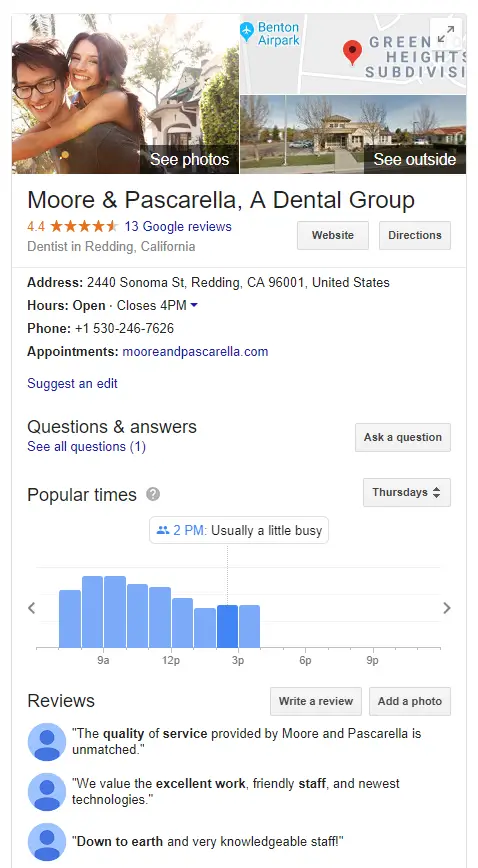 A Google My Business Profile for a Dentist in Redding, CA