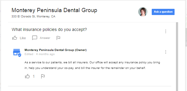 Google answer example from Monterey Peninsula Dental Group