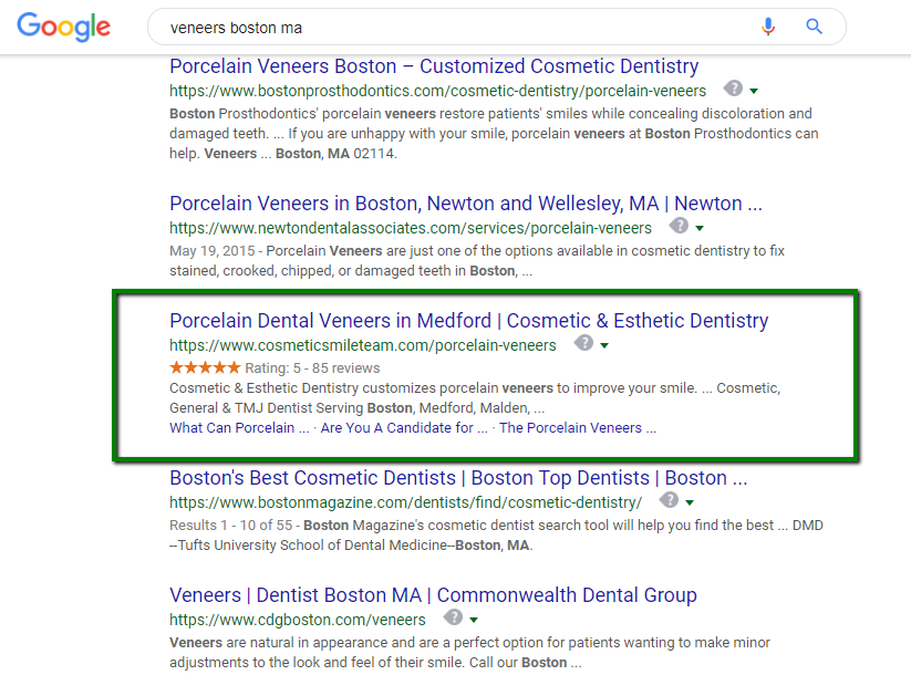 An example of a business with a star rating review snippet appearing in Google results.